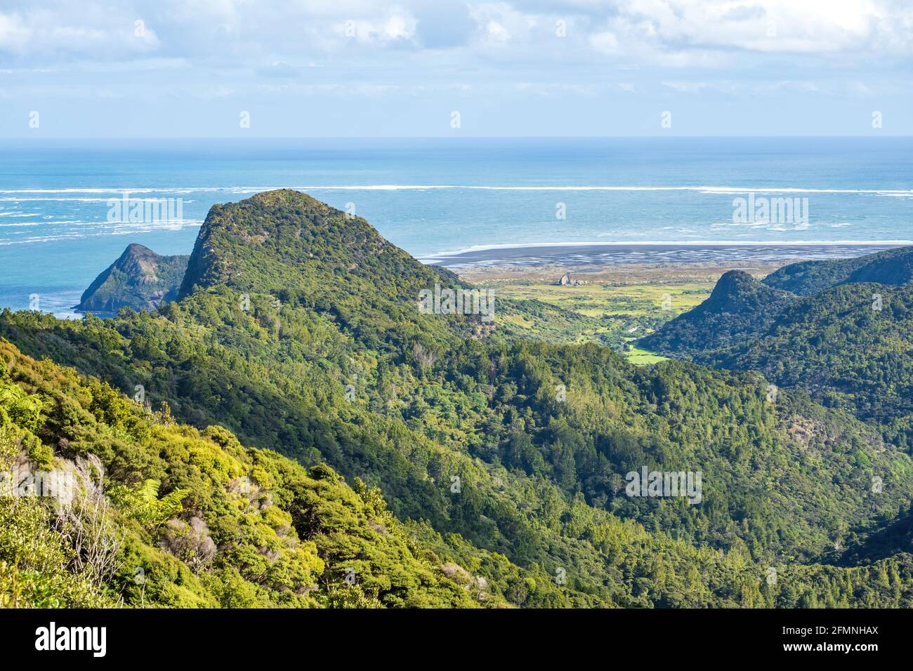 View to Whatipu beach from Mt Donald McLean, Waitakere Ranges regional park Stock Photo