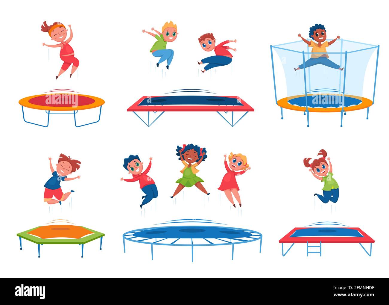 Kids jumping on trampoline. Happy boys, girls bouncing and having fun. Energetic children jump together. Group outdoor activity cartoon vector set. Characters having leisure time and entertainment Stock Vector