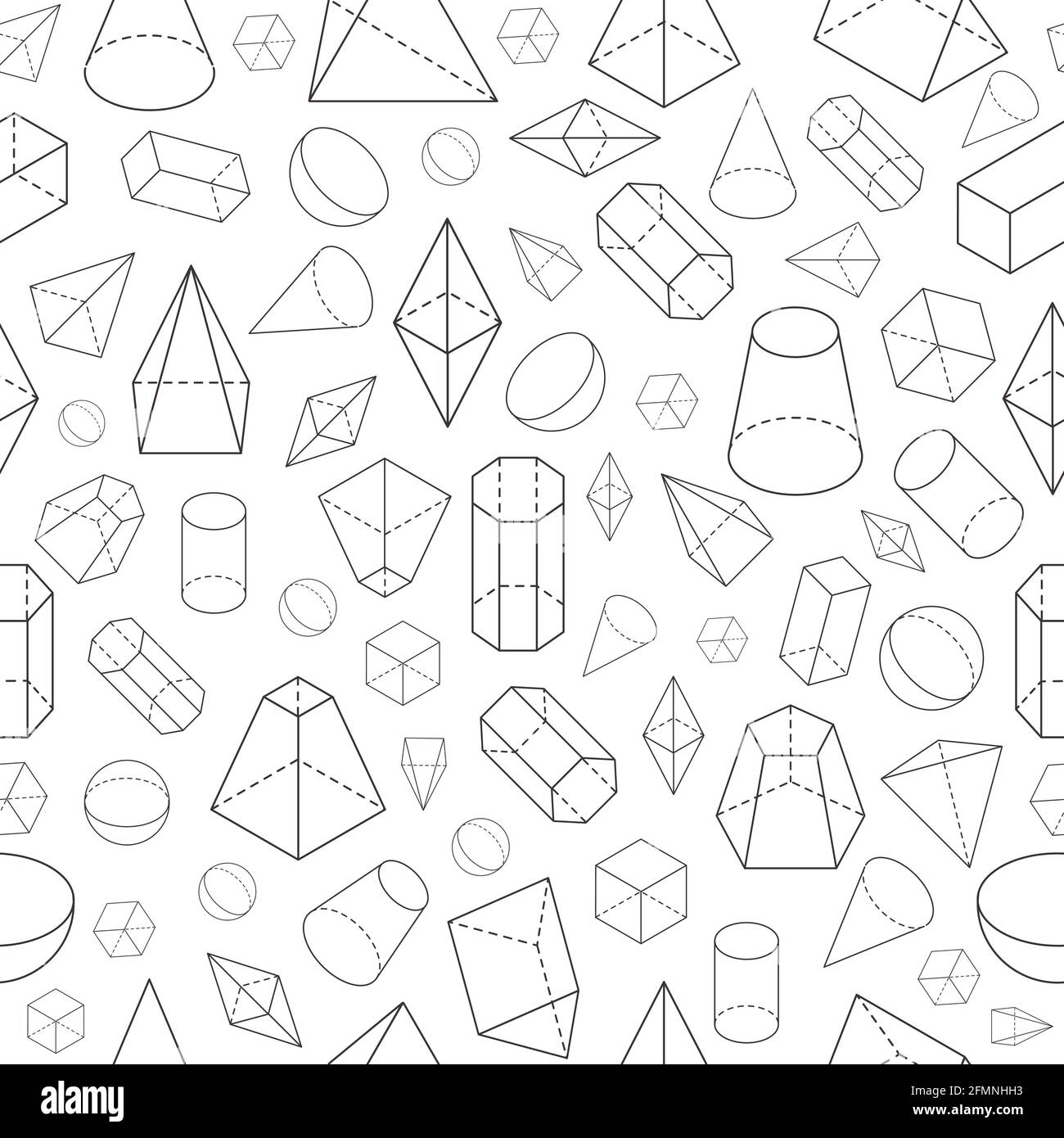 Isometric 3d shapes seamless pattern. Geometric math wireframe objects. Pyramid, prism and sphere, cone and cube. Vector school texture. Geometry education with outlined forms and objects Stock Vector