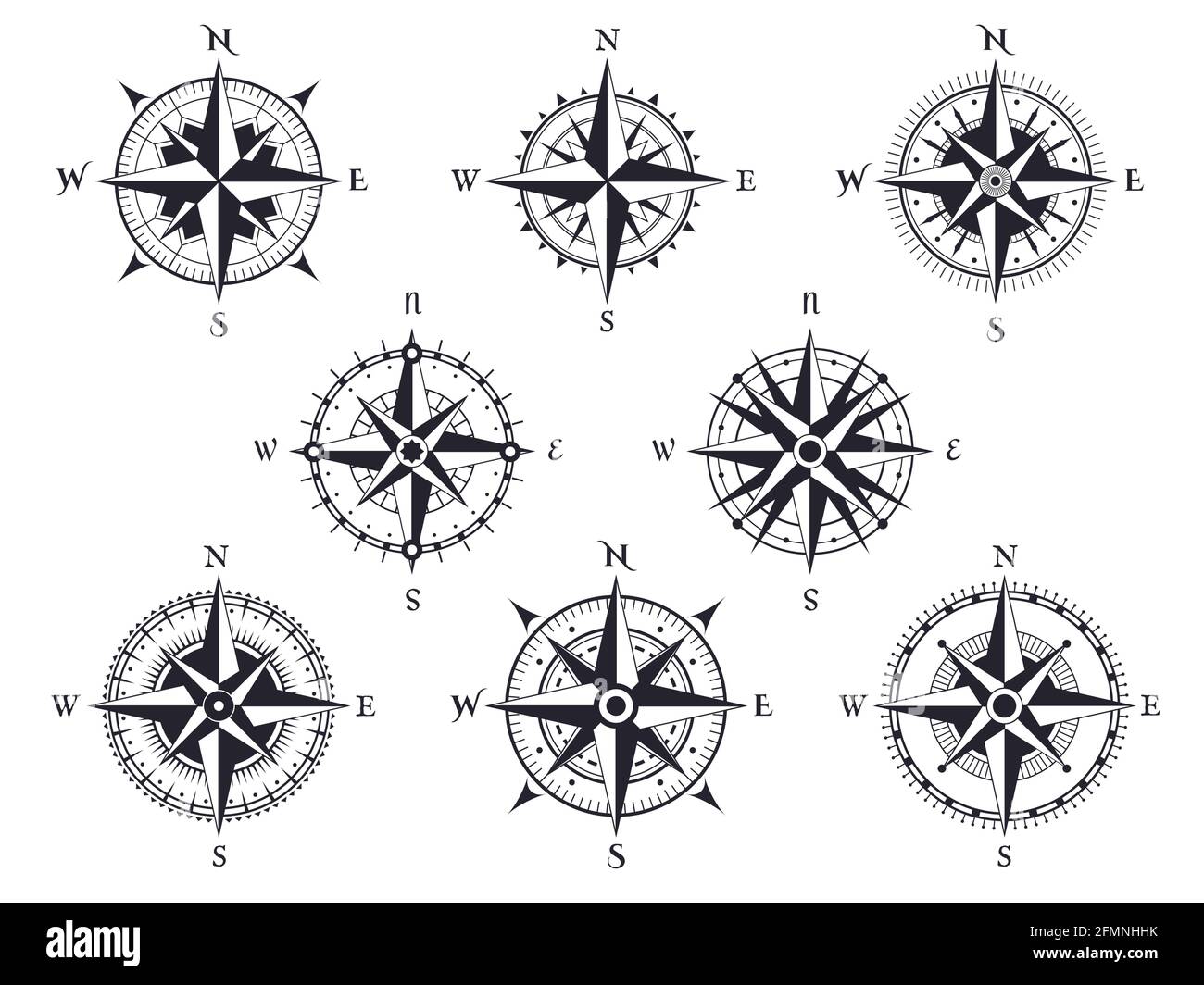 Wind rose. Vintage compass with north, south and west, east pointers. Cartography marine retro map sign or tattoo design vector set. Adventure expedition equipment, world discovery Stock Vector
