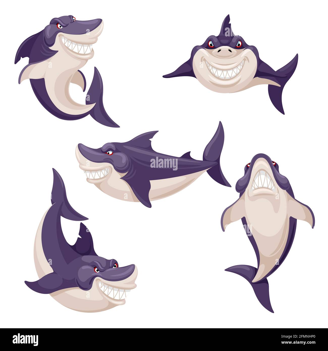 Cute shark. Dangerous fish, ocean creature predator. Swimming smiling sharks mascot. Isolated vector characters. Underwater animals with tooth, fauna creatures swimming in various positions Stock Vector