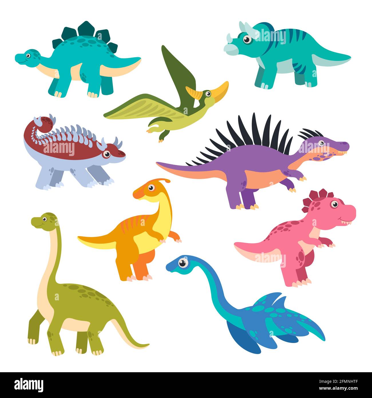 Cute dino. Cartoon dinosaurs, baby dragons, prehistoric monsters. Funny jurassic animals vector childish isolated characters. Dino party decoration, children holiday creature decor Stock Vector