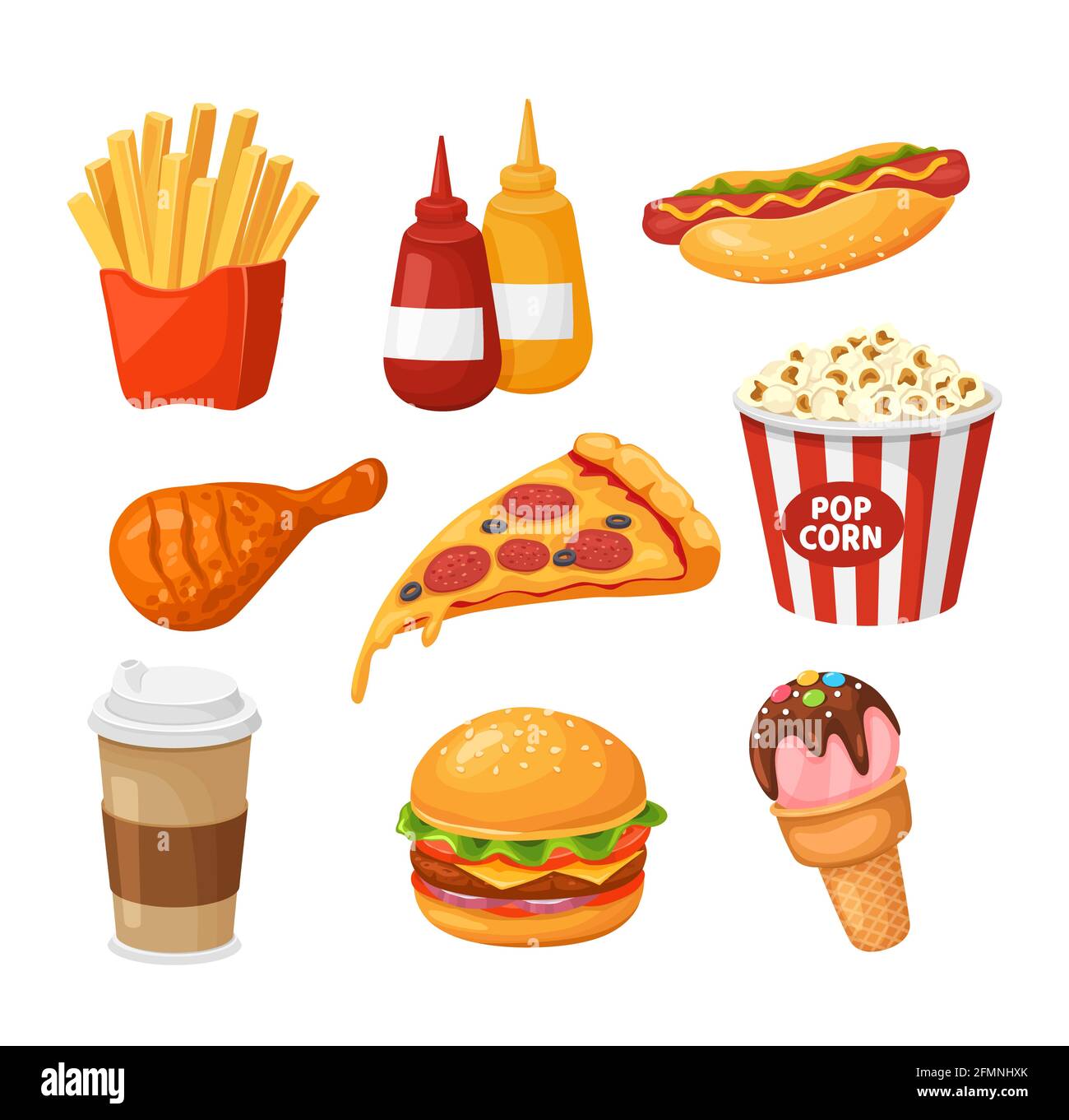 Fast food. Cartoon french fries, ketchup and hot dog, chicken and pizza, coffee and burger, popcorn and ice cream. Takeaway junk food vector set. Hot drink, bottles of sauce and tasty meal Stock Vector