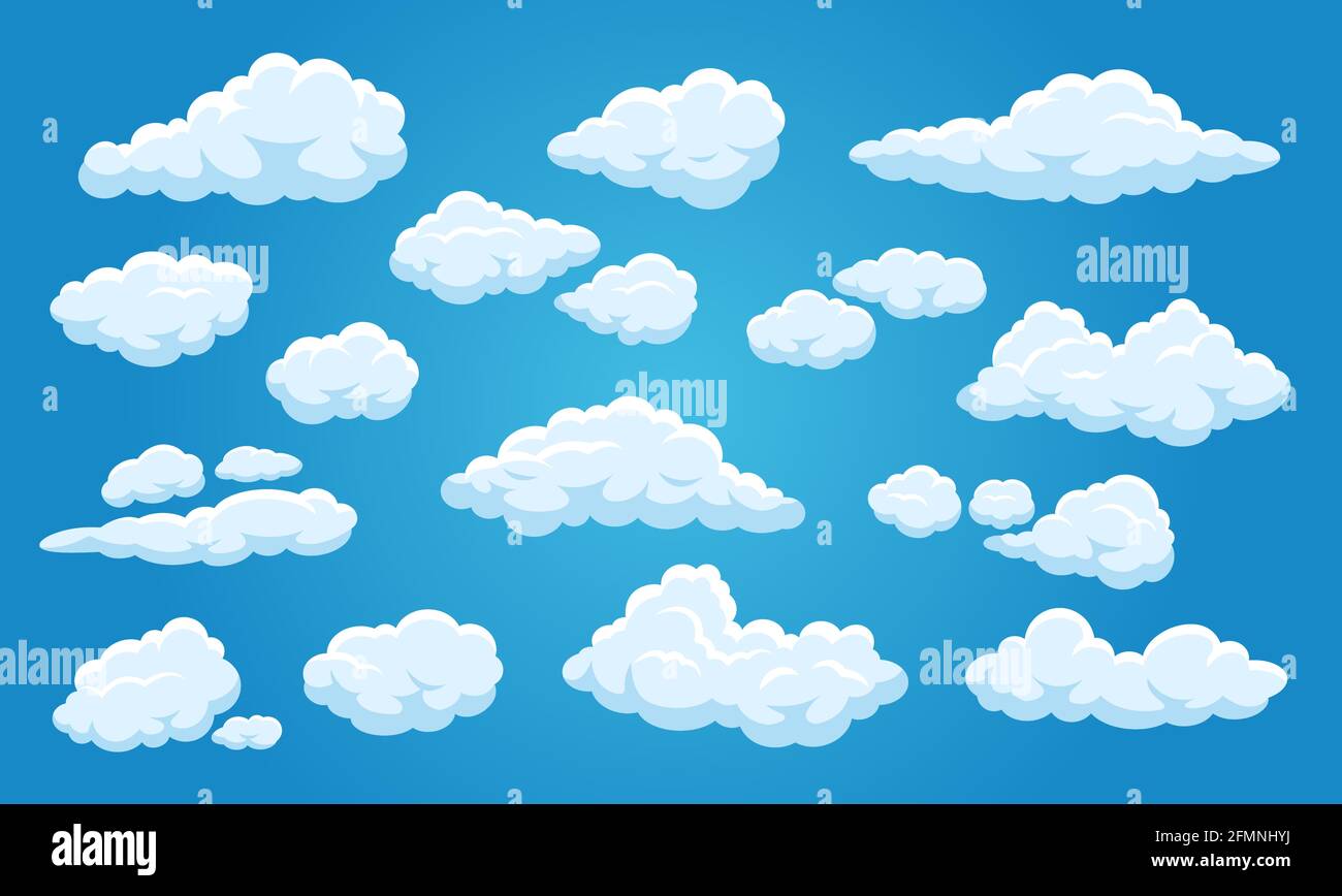 White cartoon clouds. Cute cloudy blue sky 2d game comic elements, heaven summer weather background isolated vector set. Summertime cloudscape view, bright and warm weather conditions Stock Vector