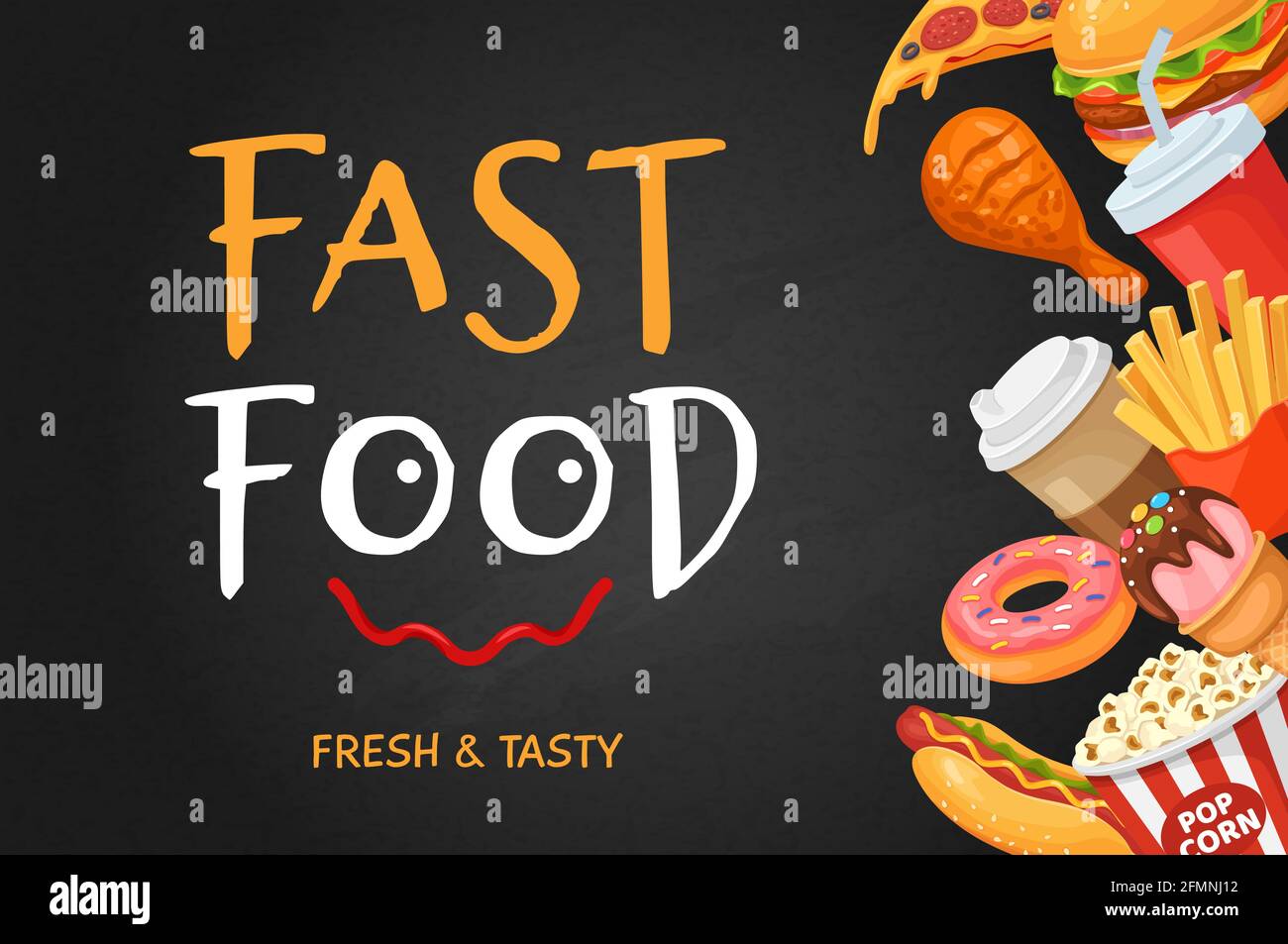 Fast food banner. Cartoon hot dog, popcorn and donut, coffee and pizza,  chicken, cola and ice cream, burger. Fast food restaurant vector flyer.  Cafe advertisement with junk food meals Stock Vector Image