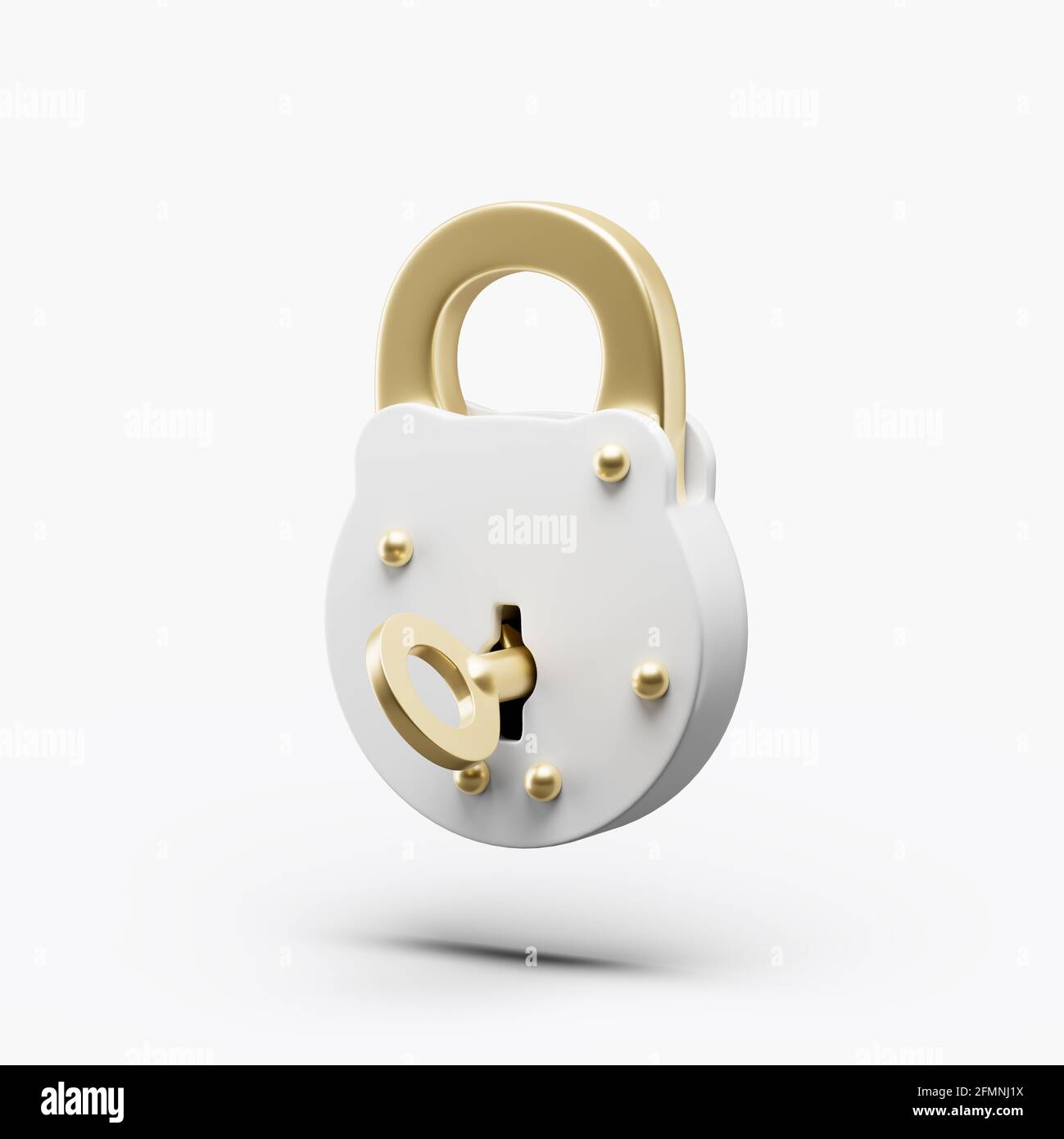 Padlock icon with key retro simple locked with gold parts 3d illustration on white background. minimal concept. 3d rendering. With soft shadows Stock Photo