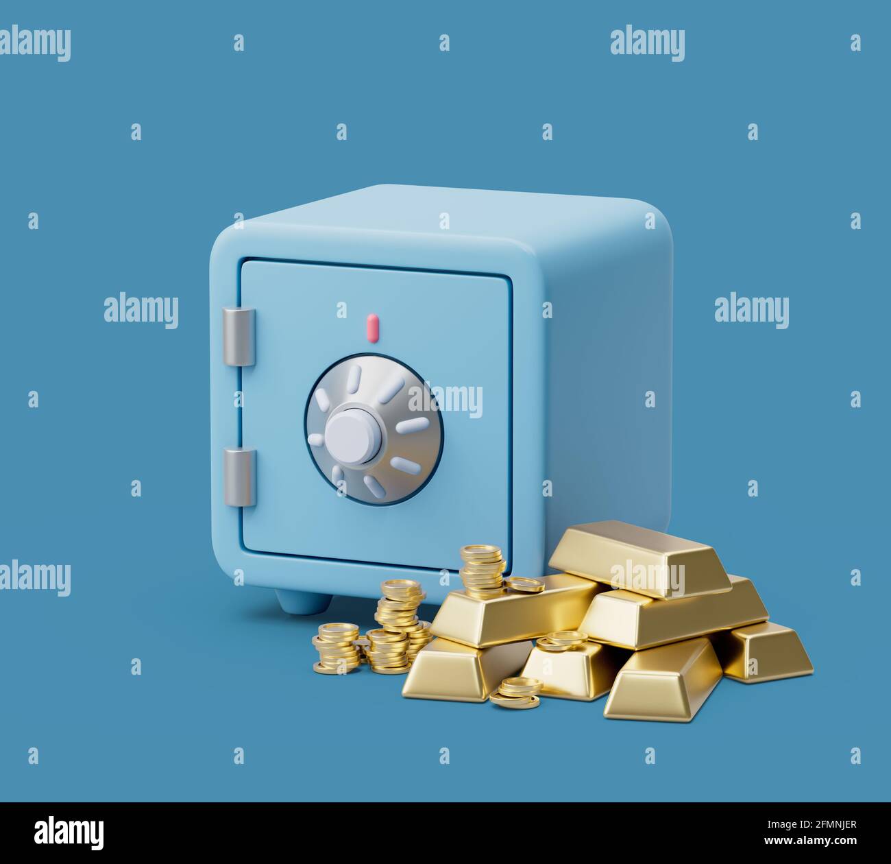 Close Safe box with treasure outside front view on blue pastel background with soft shadows. Simple 3d render illustration. Stock Photo