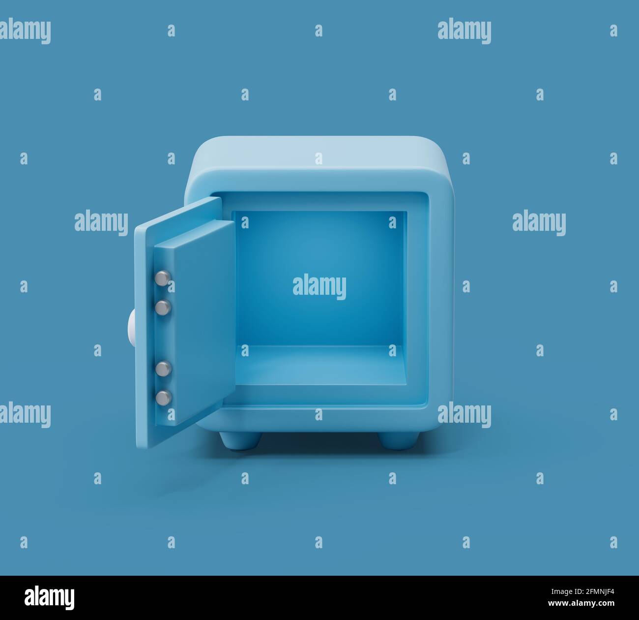 Open empty Safe box front view on blue pastel background with soft shadows. Simple 3d render illustration. Stock Photo