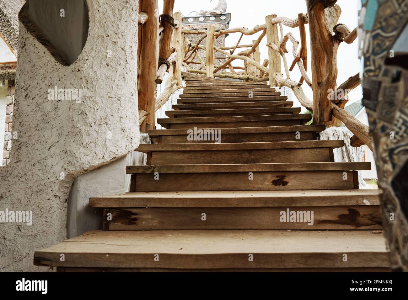 Old wooden staircase with railings in the house outdoors Stock Photo ...