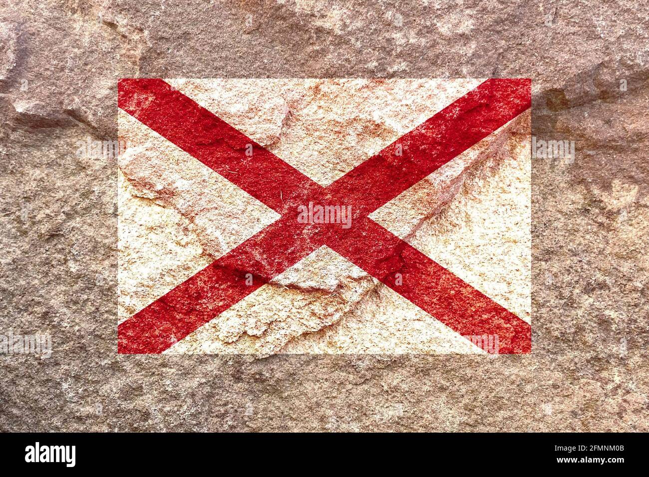 Faded Alabama state flag icon pattern isolated on weathered solid rock ...