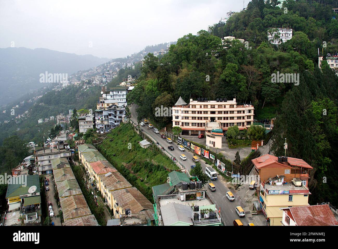 Birds eye view of Gangtok Town in Sikkim from cable car, India, Asia