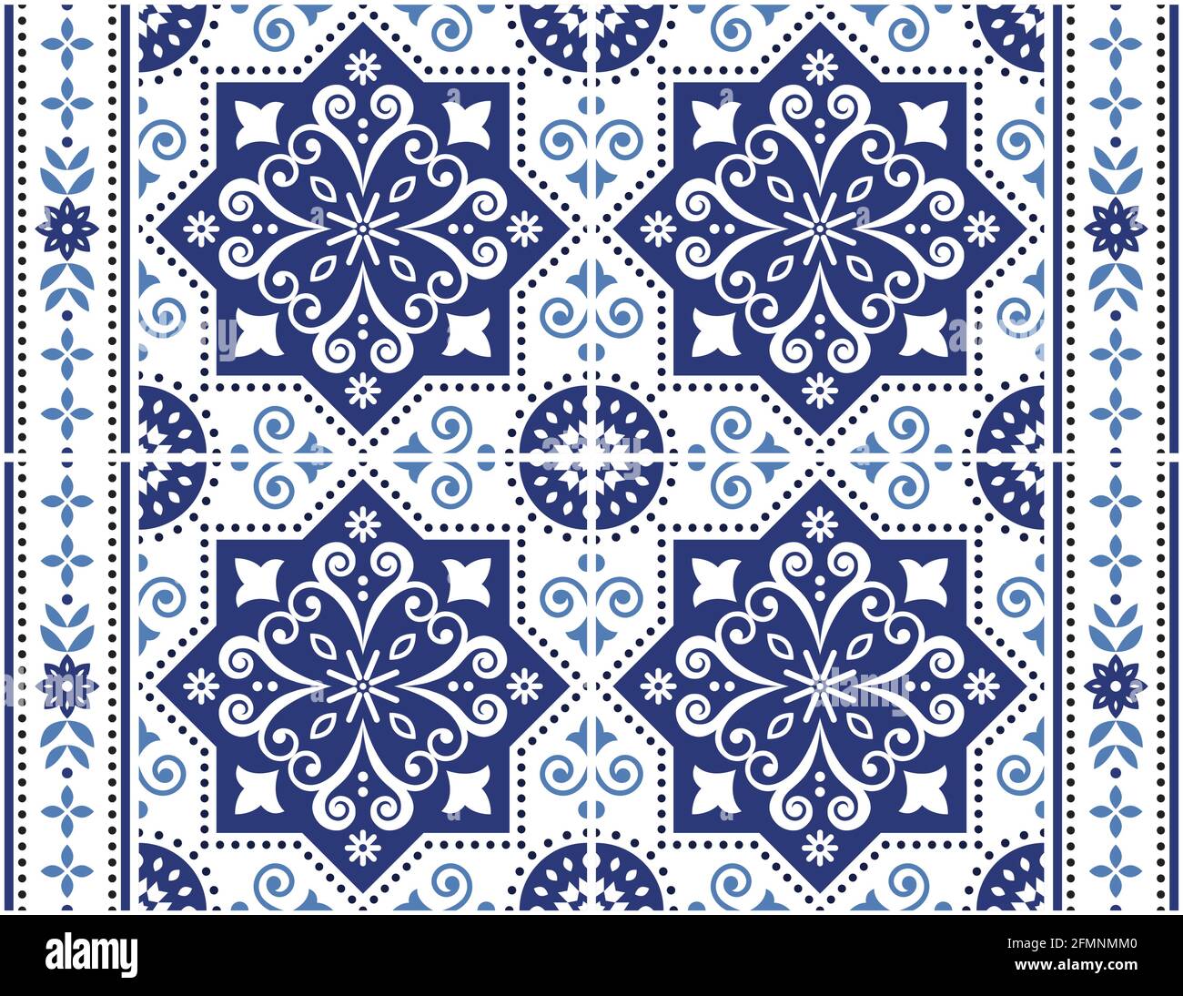 Portuguese Azulejo tile seamless vector decorative pattern with frame or border, Lisbon traditional design with flowers, swirls and geometric shapes Stock Vector