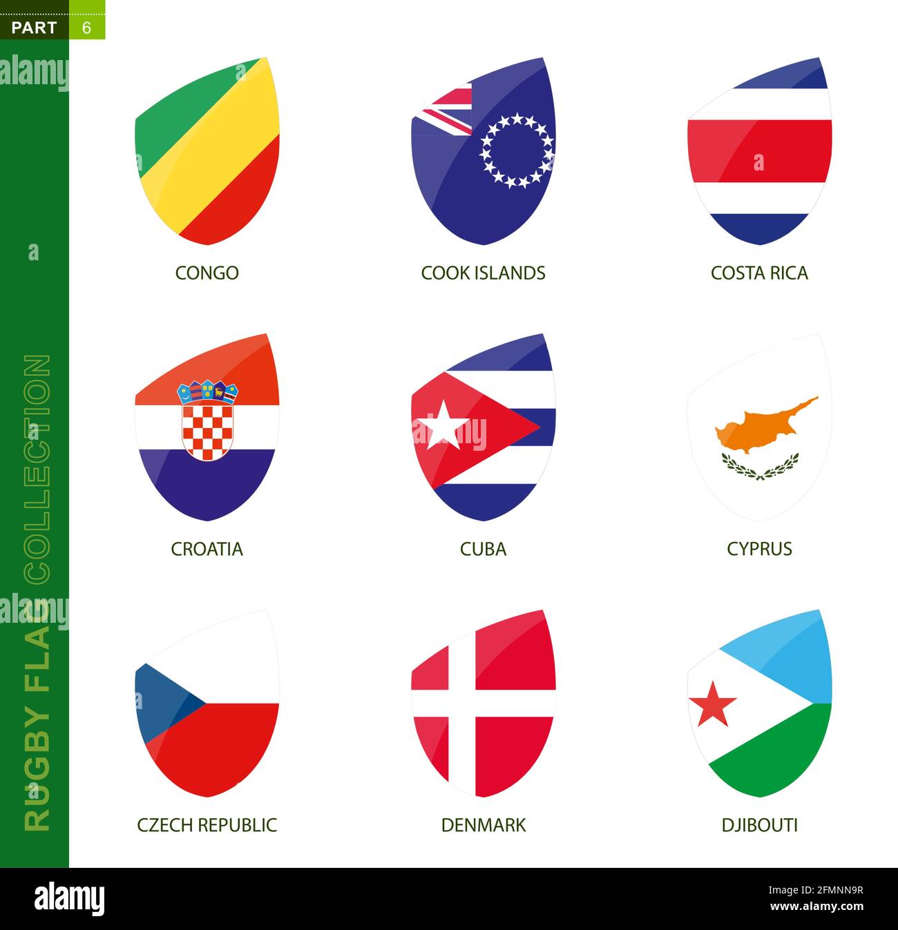 Rugby flag collection. Rugby icon with flag of 9 countries: Congo, Cook Islands, Costa Rica, Croatia, Cuba, Cyprus, Czech Republic, Denmark, Djibouti Stock Vector