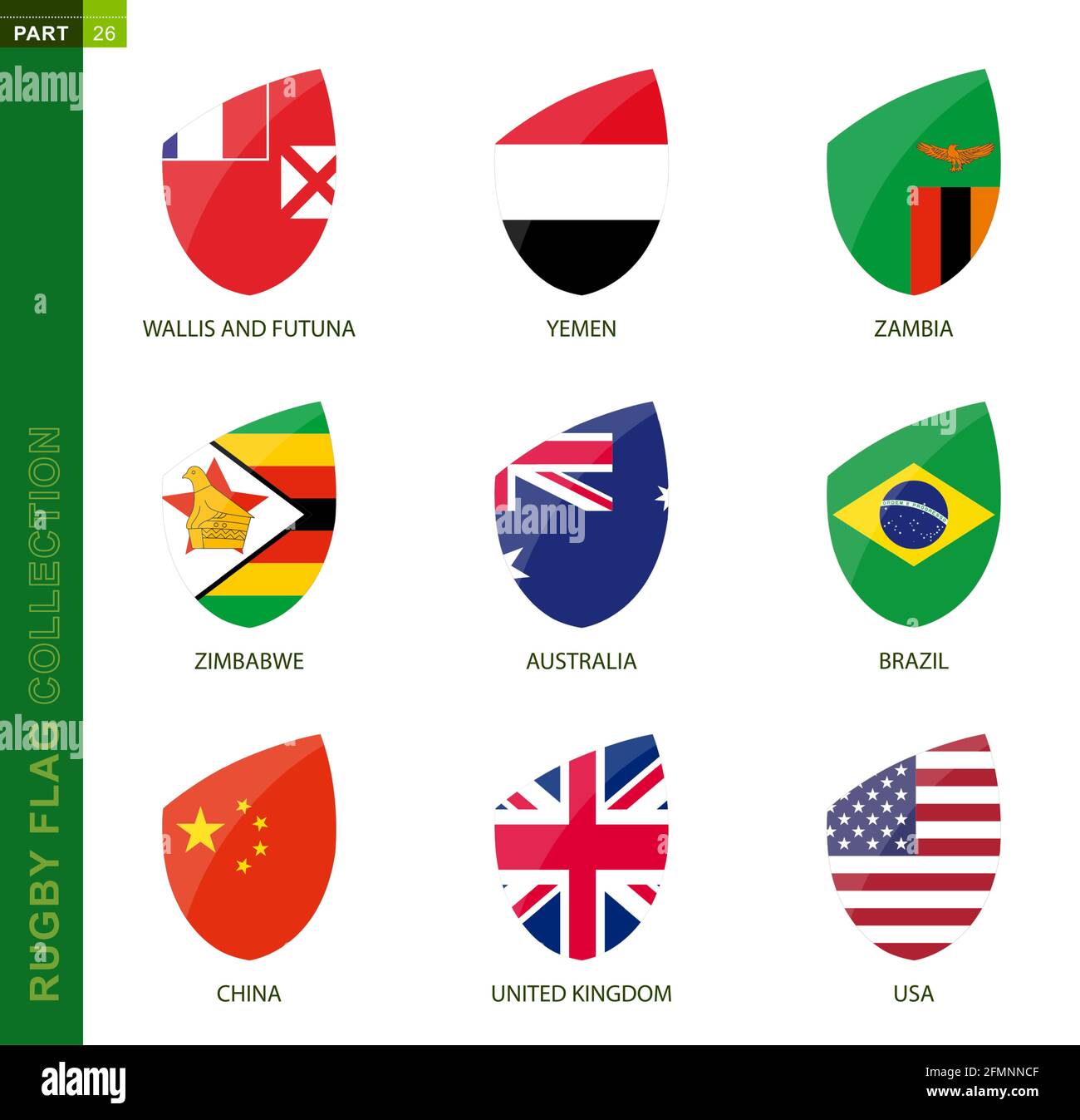 Rugby flag collection. Rugby icon with flag of 9 countries: Australia, Brazil, China, UK, USA, Wallis and Futuna, Yemen, Zambia, Zimbabwe Stock Vector