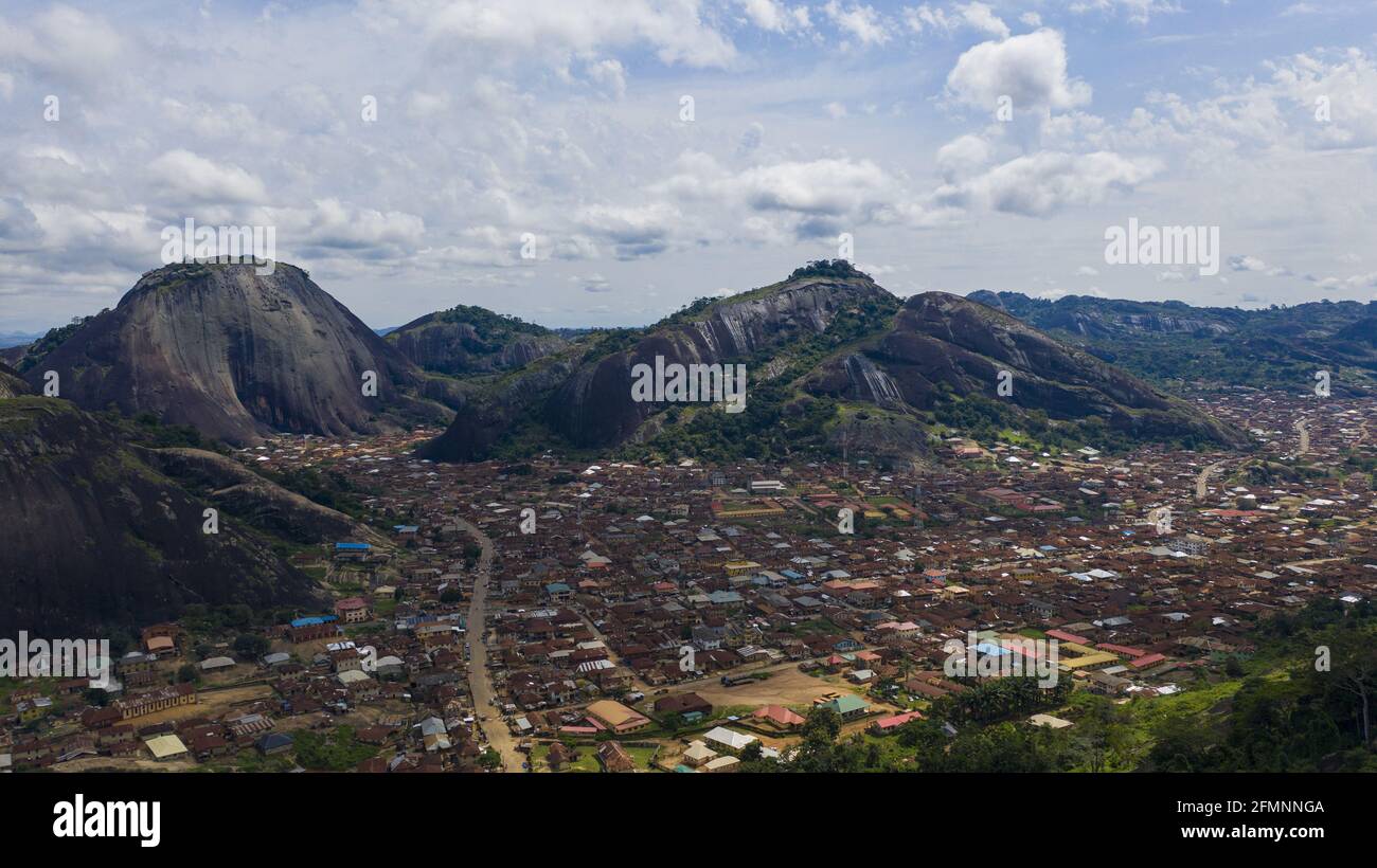 Aerial shot of the beautiful Idanre Town in Ondo State captured in Nigeria Stock Photo