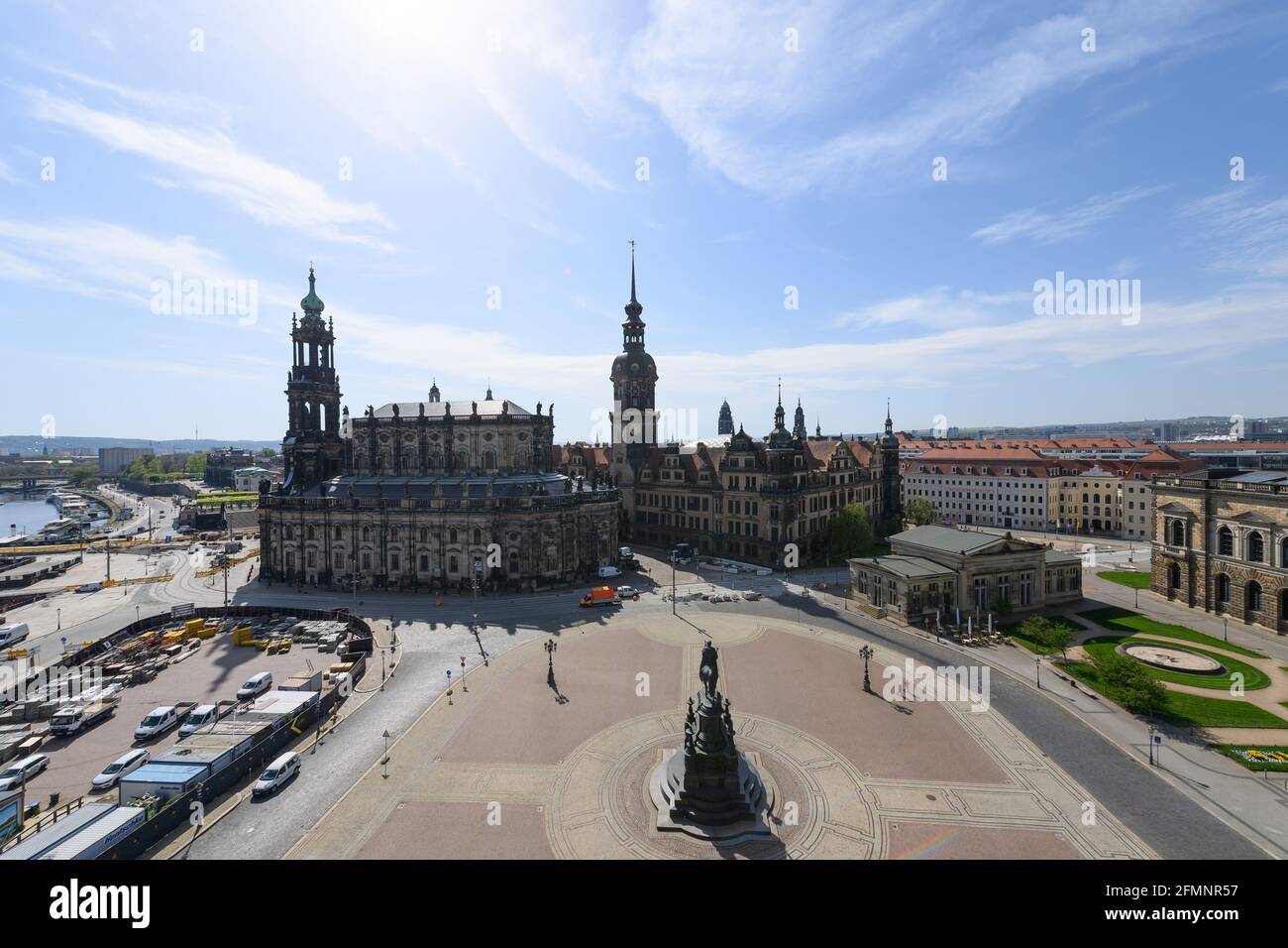 Dresden, Germany. 11th May, 2021. The sun is shining in the sky above the old town on the Elbe and the Theaterplatz with the Hofkirche (l-r), the Hausmannsturm, the equestrian statue of King Johann, the Residenzschloss and the Schinkelwache. Credit: Robert Michael/dpa-Zentralbild/ZB/dpa/Alamy Live News Stock Photo