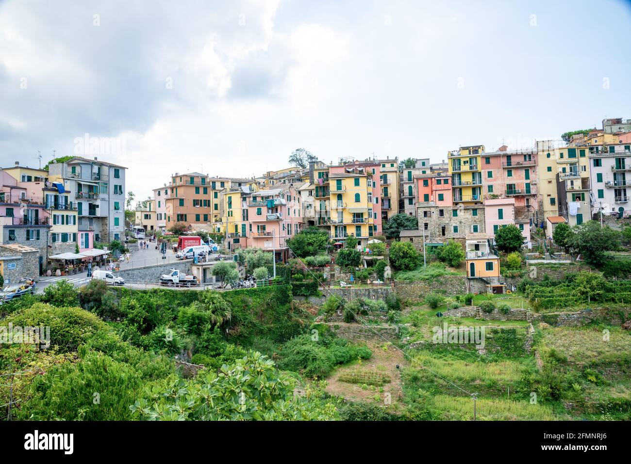 CORNIGLI, ITALY - May 27, 2020: The access road to the village of Corniglia in Italy to the place where cars are not allowed to continue with many tou Stock Photo
