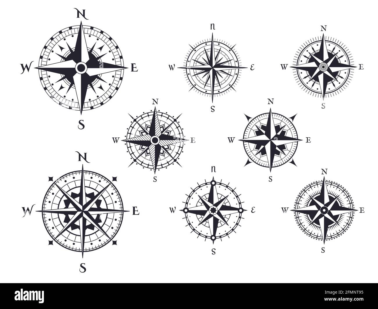 Retro compass. Wind rose nautical direction icons with cardinal points, vintage map compasses elements vector isolated set. Traveling around world, different isolated expedition equipment Stock Vector