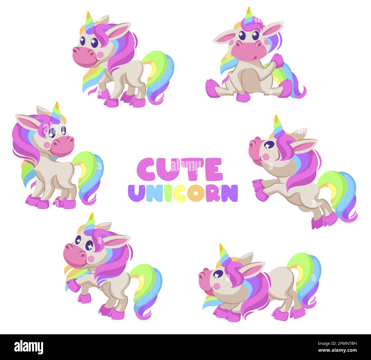 Cute Unicorns Cartoon Fairy Baby Pony In Various Postures Funny Magic