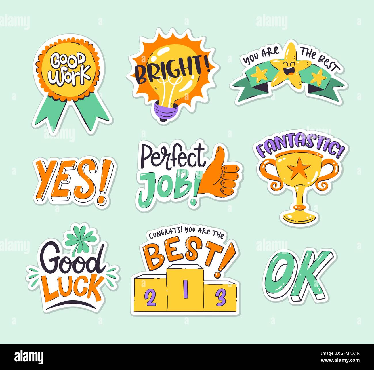 Sticker collection to reward the job well done and good results. Perfect for teachers and kids. Hand drawn vector drawings. Stock Vector