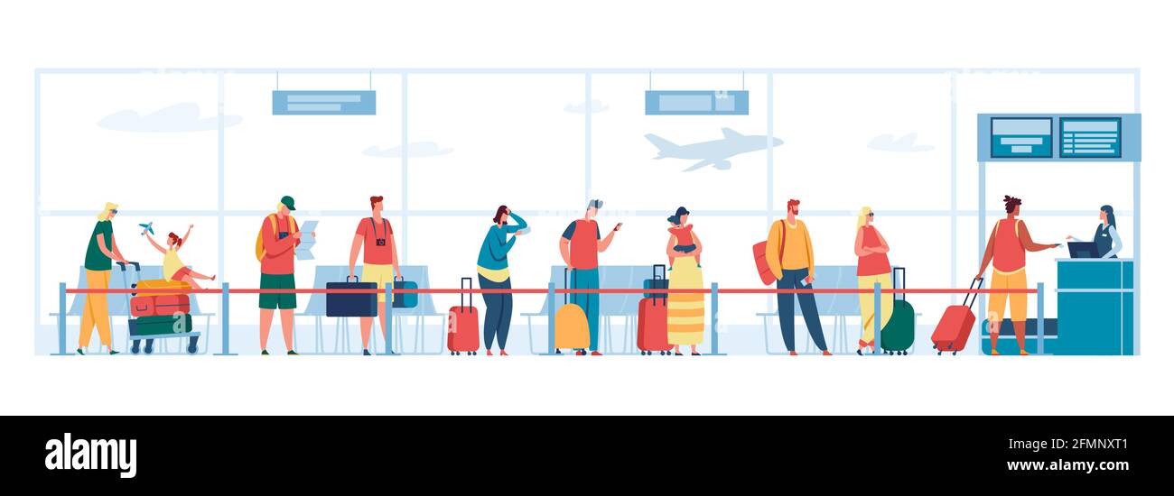 Airport check in desk queue. People with luggage waiting in line at registration desk, passport control, departure terminal Vector illustration. Male and female characters with kids Stock Vector