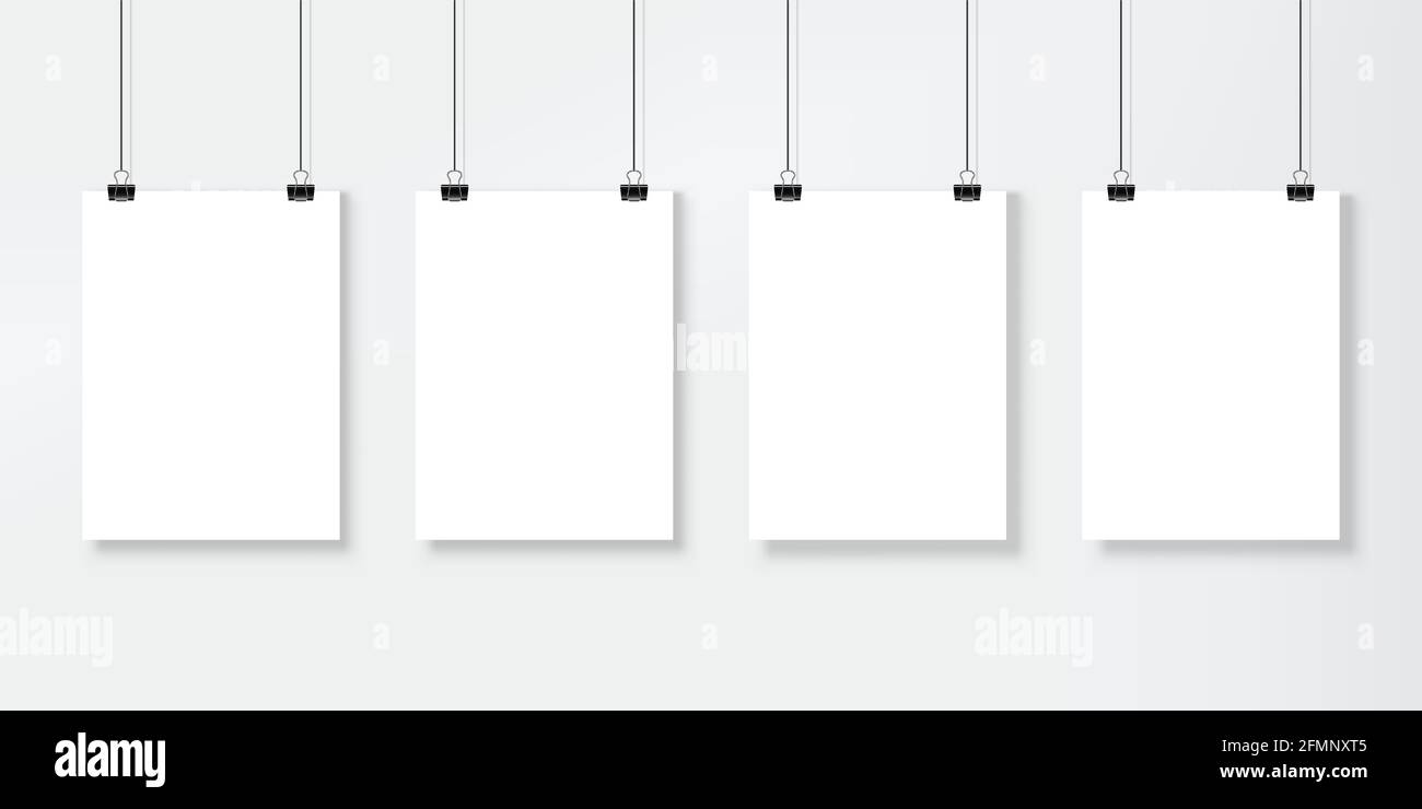 Poster mockup. Blank photo, picture paper frame template with holders and  ropes for portfolio, gallery and display. Empty white banners vector set.  Paper sheets hanging on binders on wall Stock Vector Image