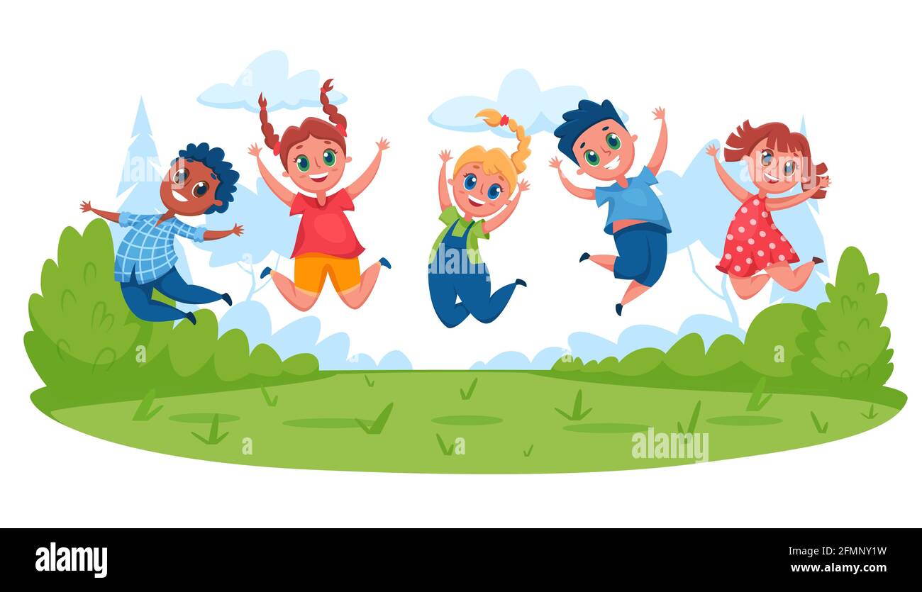 Kids jumping on meadow. Happy children having fun outside in summer. Boys and girls playing together. Outdoor activity cartoon vector illustration. Cheerful characters spend time on nature Stock Vector