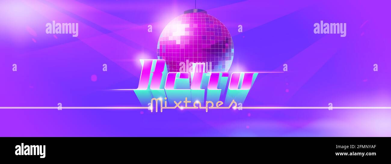 Retro mixtape dance banner with disco ball. Club party with music of 80s and 90s. Vector landing page with cartoon illustration of nightclub illuminated by spotlights Stock Vector