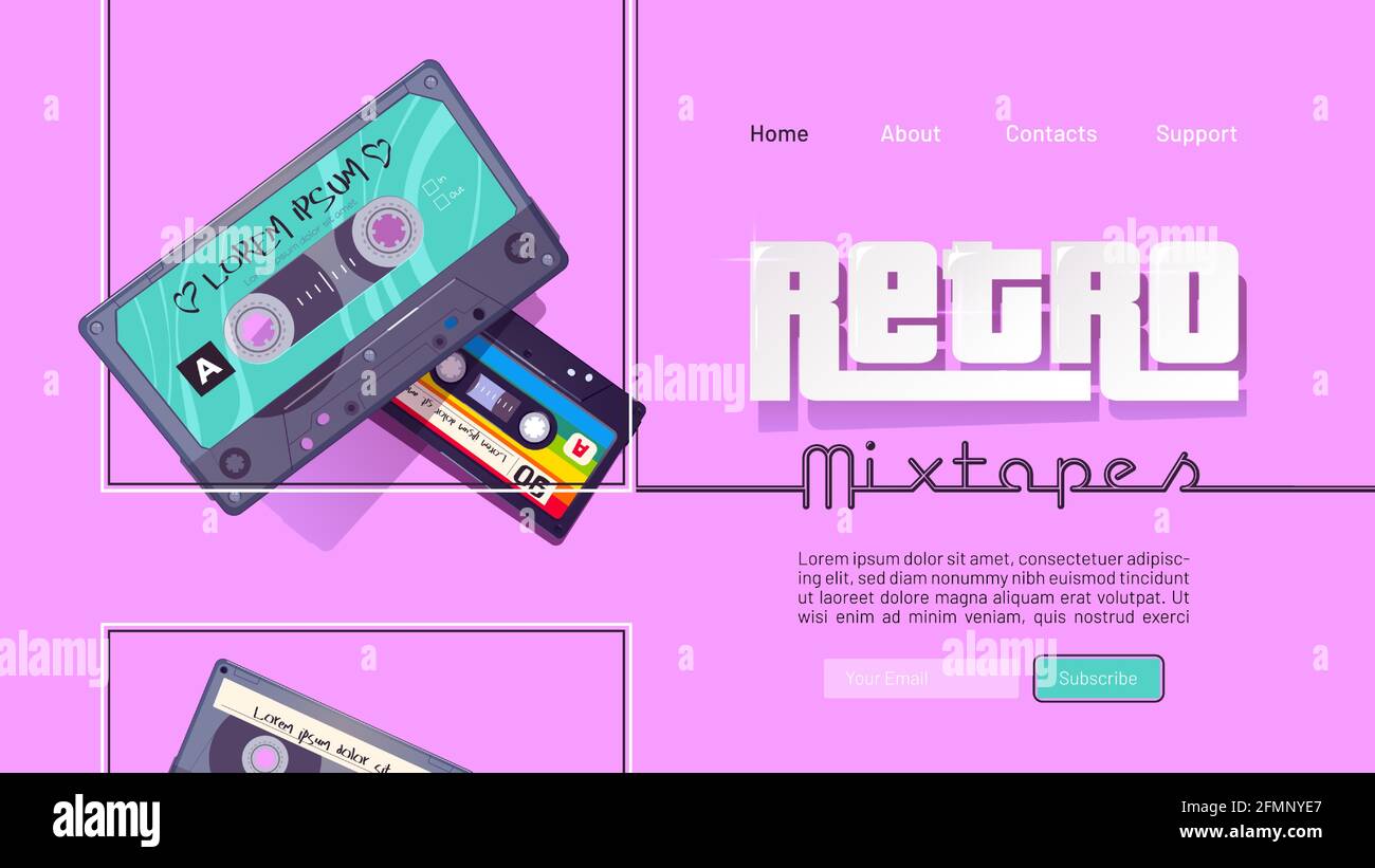 Retro mixtape banner with vintage audio cassettes with pop and rock music of 80s and 90s. Vector landing page with flat illustration of old audio tapes, stereo music cassettes Stock Vector