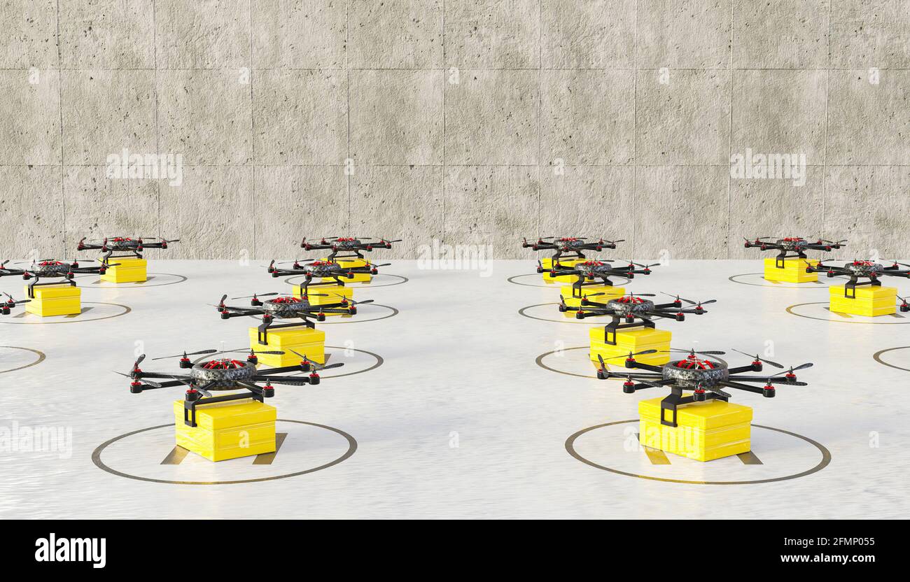 3D render of a large surface with many drones ready to deliver packages Stock Photo Alamy