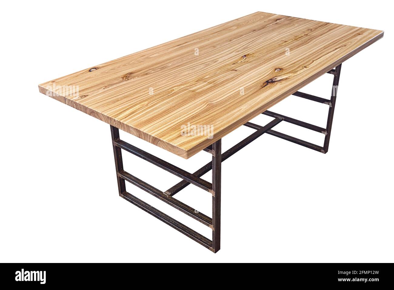 Live edge elm gaming desk countertop with metal base on white background Stock Photo