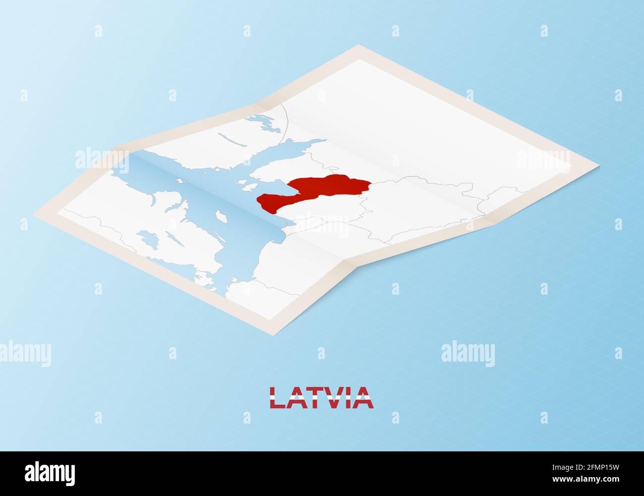 Folded paper map of Latvia with neighboring countries in isometric style on blue vector background. Stock Vector