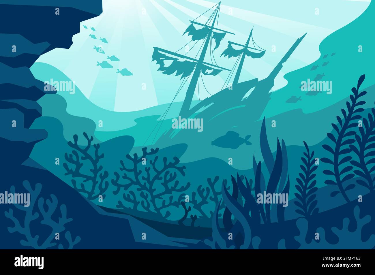 Sea underwater background. Deep ocean bottom with seaweeds, sunken ship, coral and fishes silhouettes. Undersea diving quiet seascape vector panorama. Wild fauna life with wrecked vessel Stock Vector