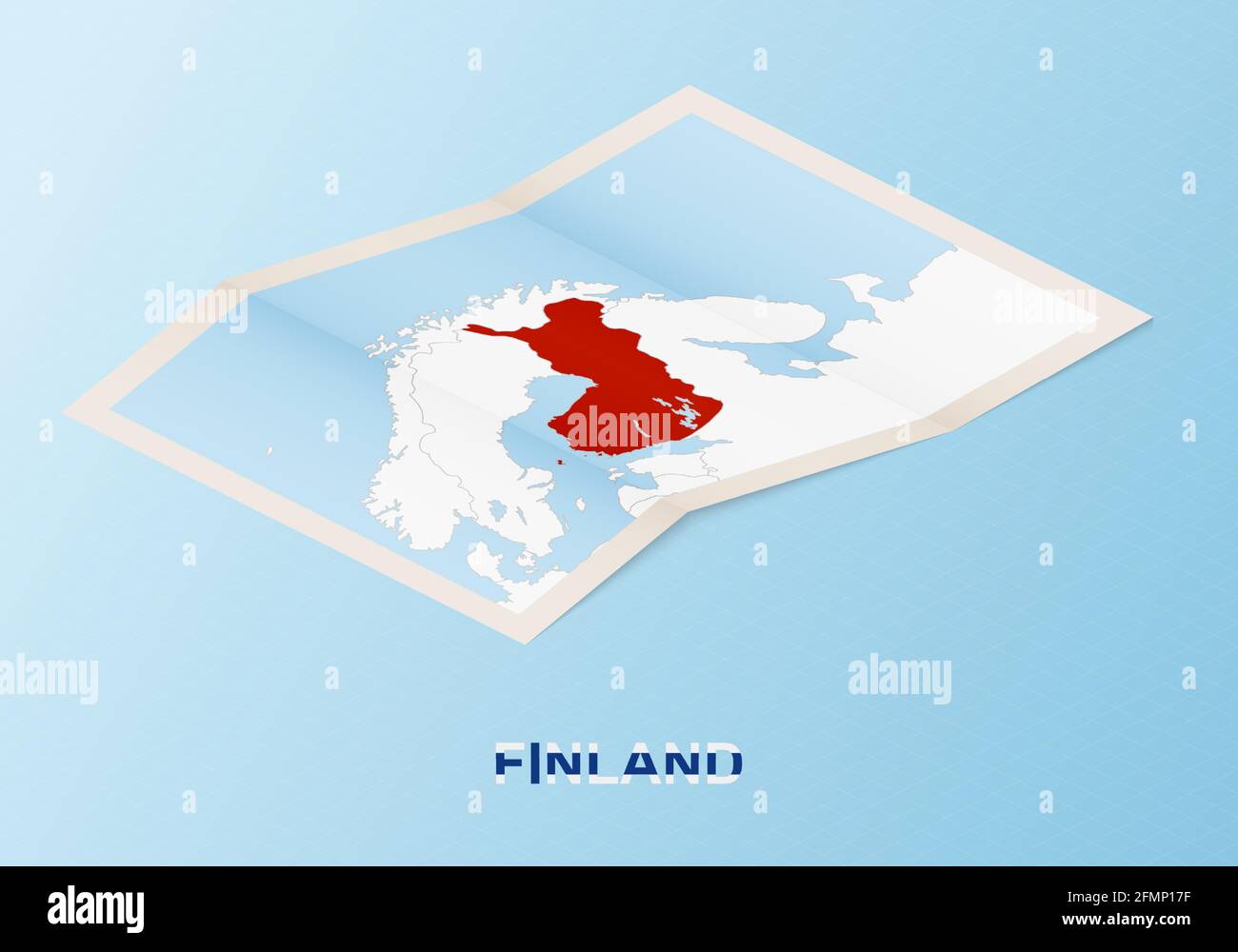 Folded paper map of Finland with neighboring countries in isometric style on blue vector background. Stock Vector