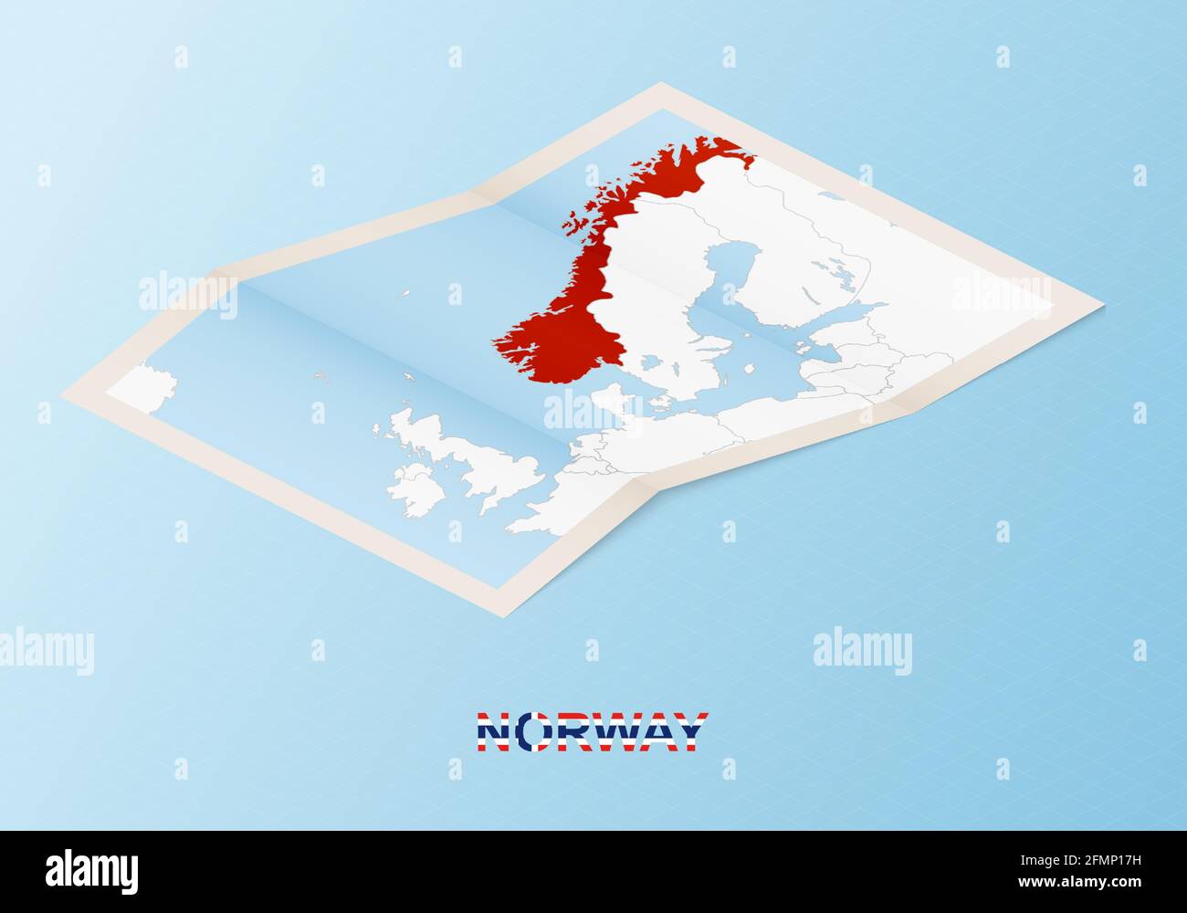 Folded paper map of Norway with neighboring countries in isometric style on blue vector background. Stock Vector