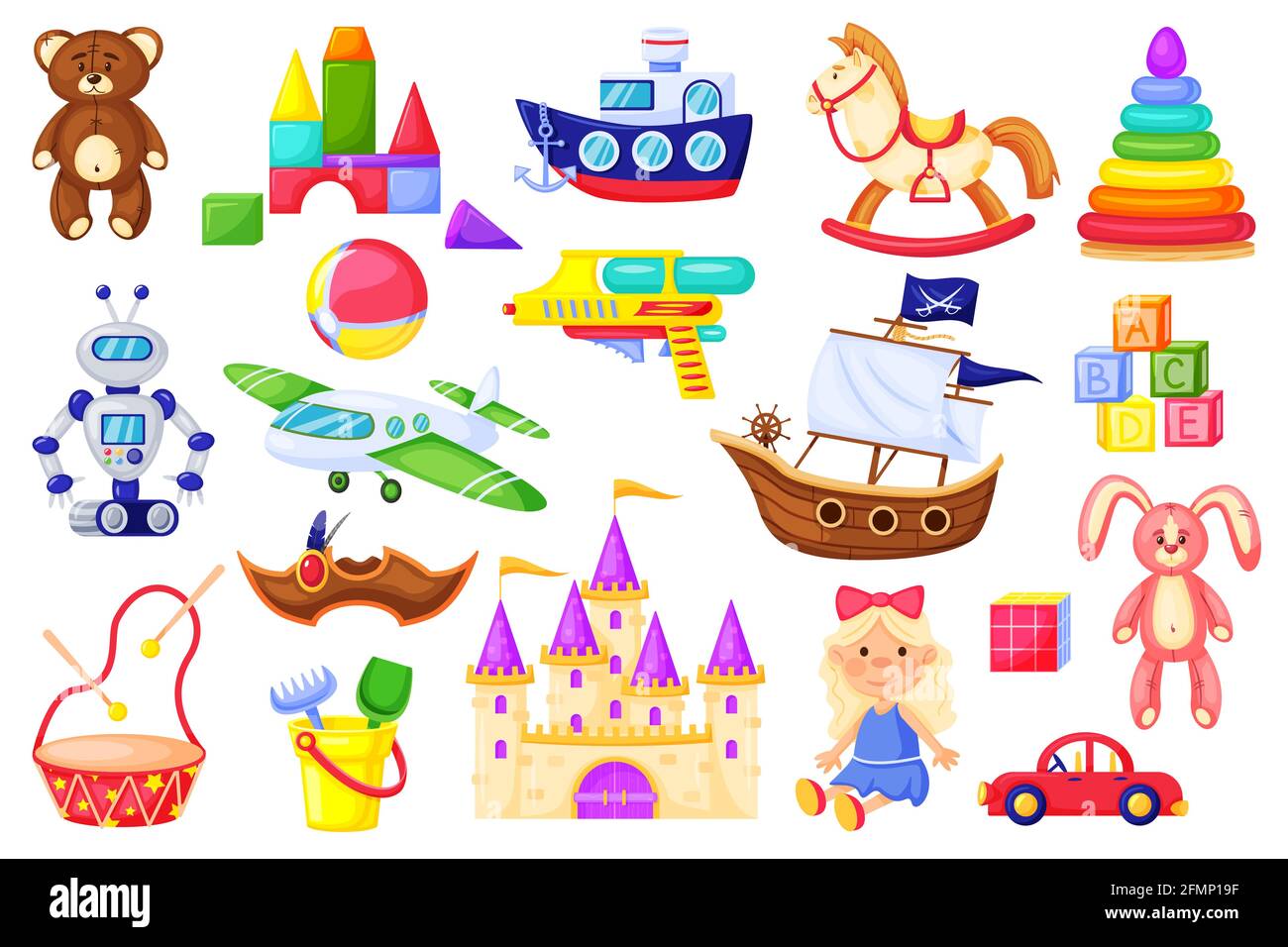 Kids cartoon toy. Cute baby doll, teddy bear, bunny, airplane, car, robot, drum, cubes, blocks. Game toys for children to play vector set. Isolated colorful objects for playroom collection Stock Vector