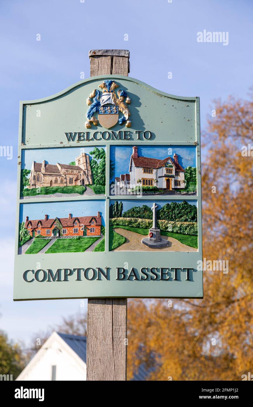 Village welcome sign, Compton Bassett, Wiltshire, England, UK Stock Photo