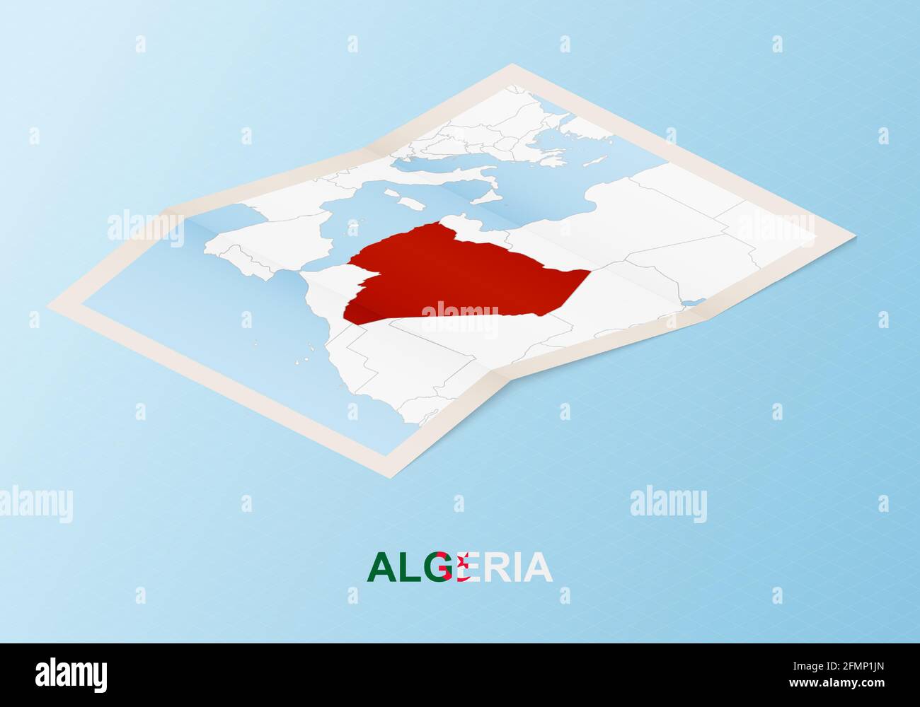 Folded paper map of Algeria with neighboring countries in isometric style on blue vector background. Stock Vector