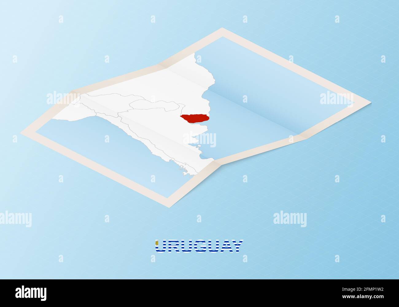 Folded paper map of Uruguay with neighboring countries in isometric style on blue vector background. Stock Vector