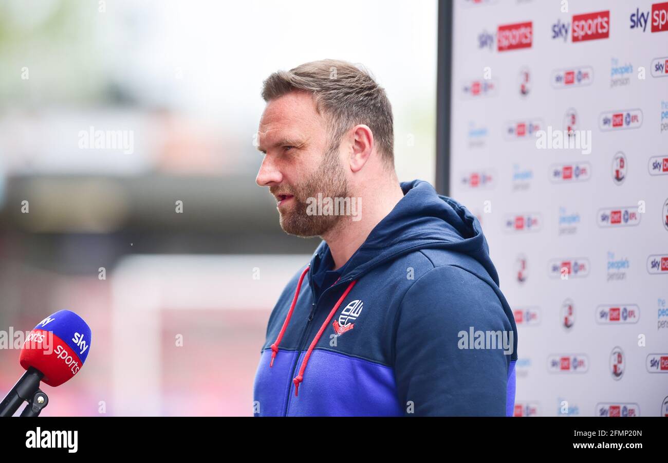 Bolton manager Ian Evatt before the Sky Bet League Two match between Crawley Town and Bolton Wanderers at the People's Pension Stadium  , Crawley ,  UK - 8th May 2021 -  EDITORIAL USE ONLY No use with unauthorised audio, video, data, fixture lists, club/league logos or “live” services. Online in-match use limited to 120 images, no video emulation. No use in betting, games or single club/league/player publications Stock Photo