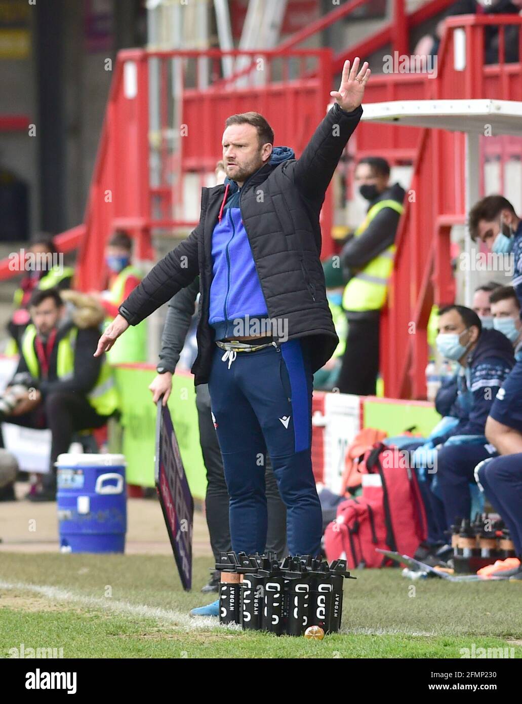 Bolton manager Ian Evatt during the Sky Bet League Two match between Crawley Town and Bolton Wanderers at the People's Pension Stadium  , Crawley ,  UK - 8th May 2021 -  EDITORIAL USE ONLY No use with unauthorised audio, video, data, fixture lists, club/league logos or “live” services. Online in-match use limited to 120 images, no video emulation. No use in betting, games or single club/league/player publications Stock Photo