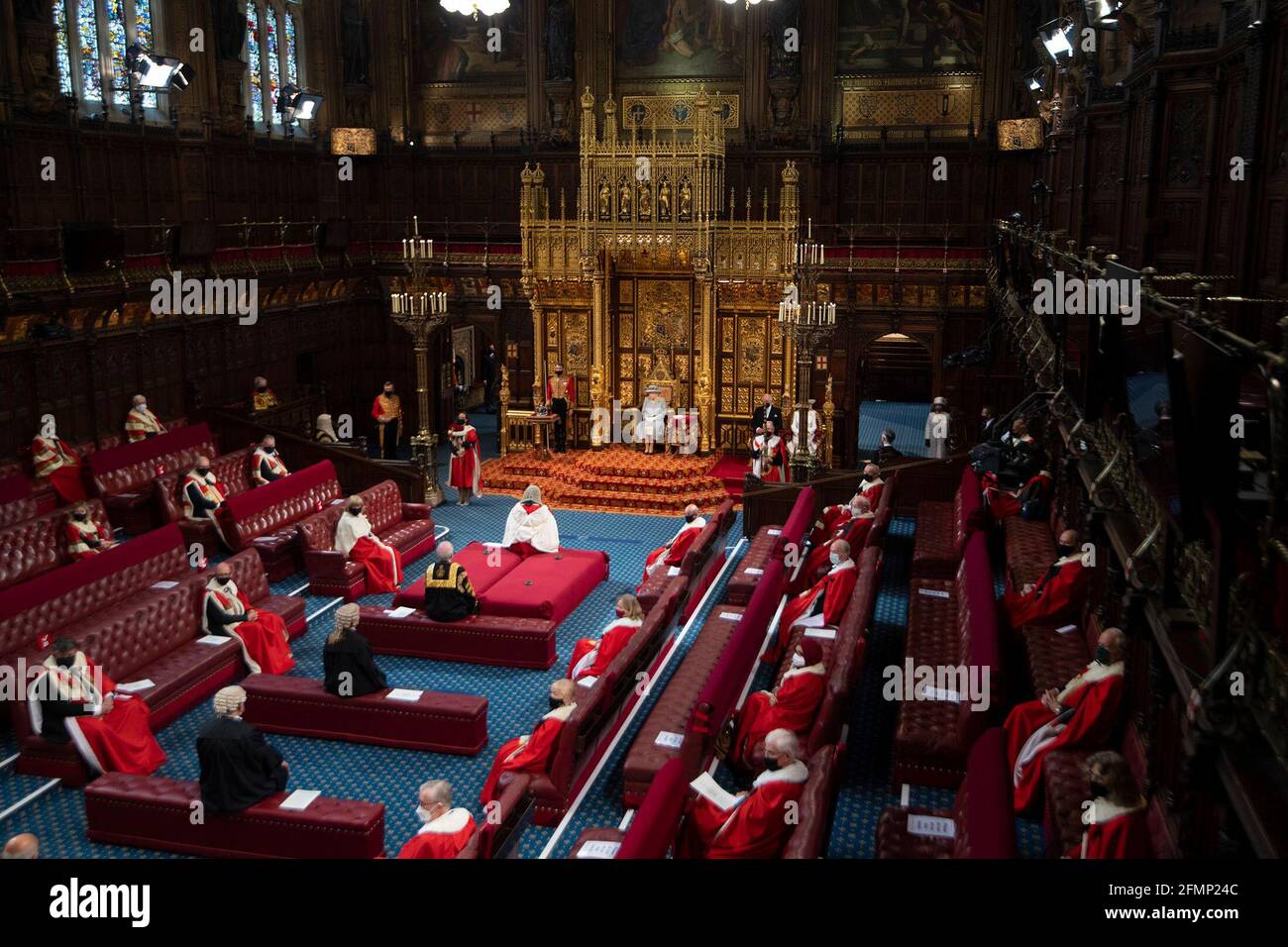 Queen Elizabeth II in the House of Lords at the Palace of Westminster in London during the State Opening of Parliament. Picture date: Tuesday May 11, 2021. Stock Photo