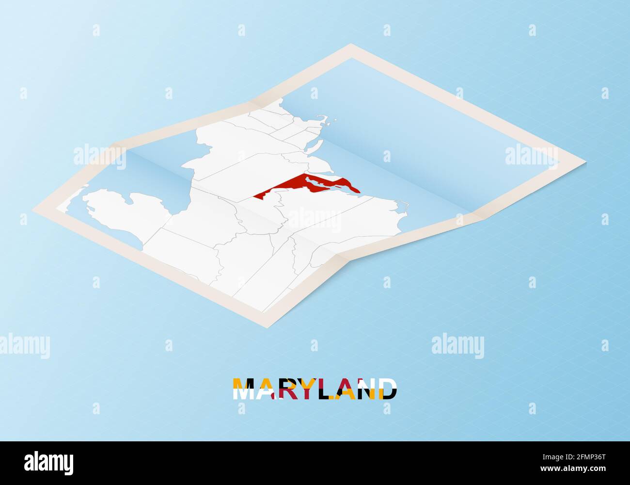 Folded paper map of Maryland with neighboring countries in isometric ...