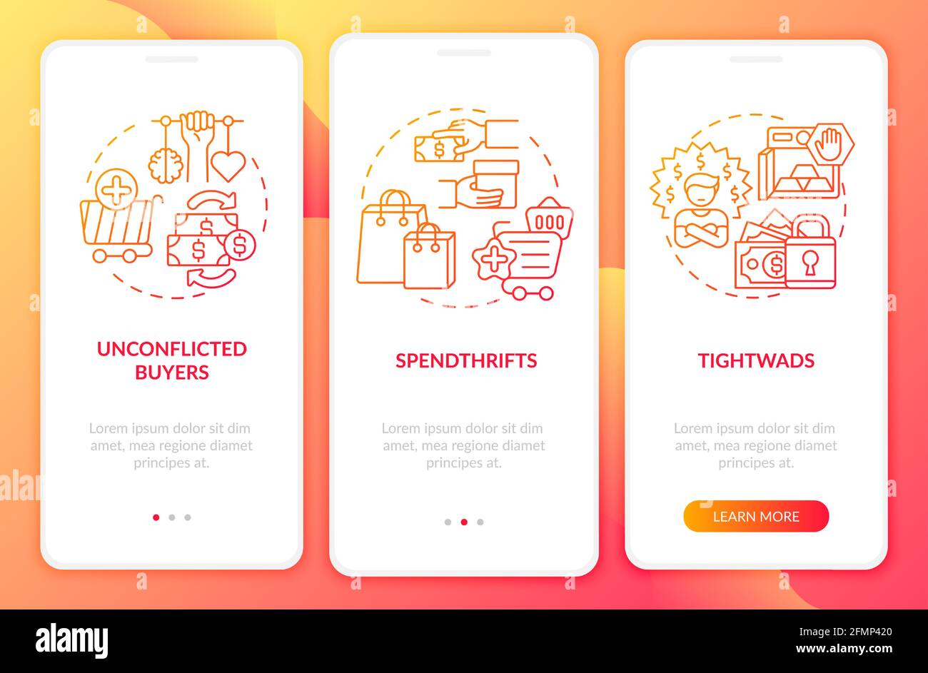 Purchasers types onboarding mobile app page screen with concepts Stock Vector