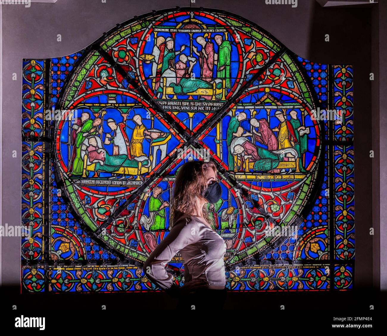 The entire 800-year-old stained glass 'Miracle' window from Canterbury  Cathedral on show at the British Museum, the centrepiece of the new 'Thomas  Becket: murder and the making of a saint' exhibition. New