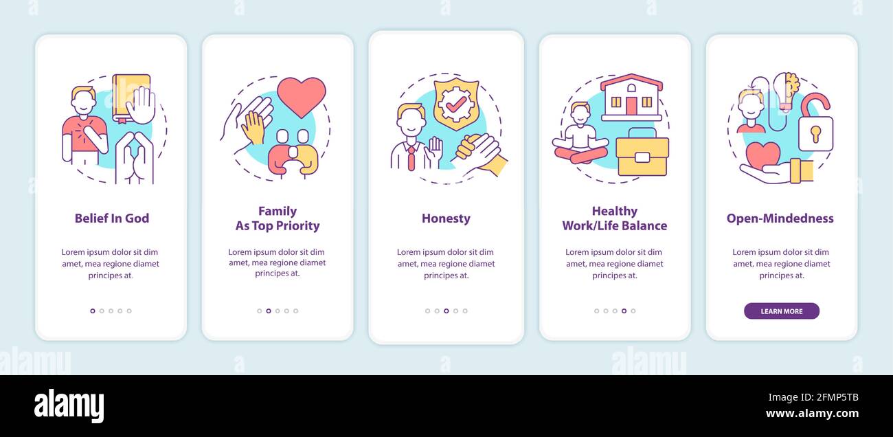 Personal values onboarding mobile app page screen with concepts Stock ...