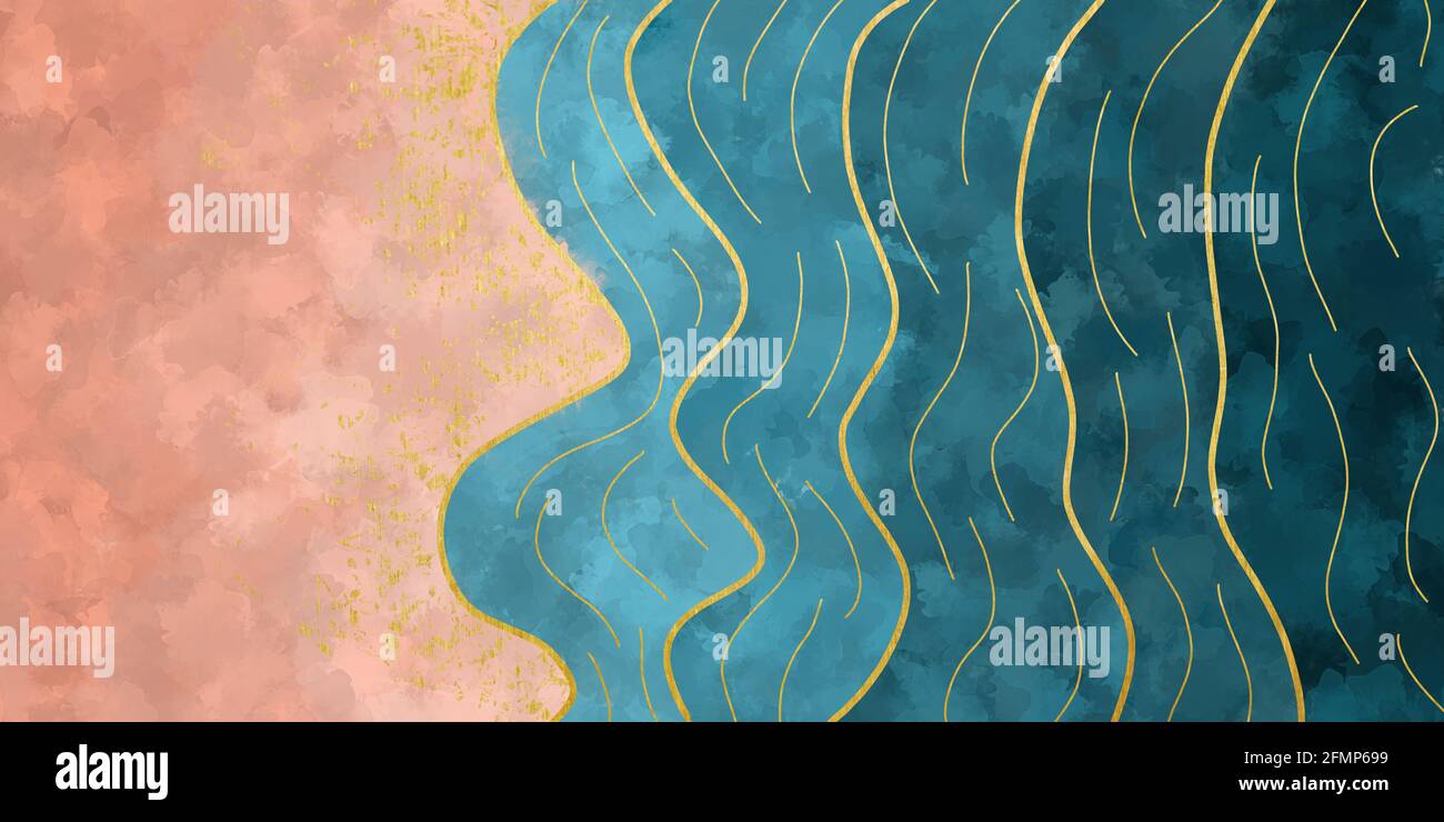 Abstract waves with golden line arts. Watercolor ink illustration of the coast with sand and waves for prints, wallpaper, packaging design. Stock Photo