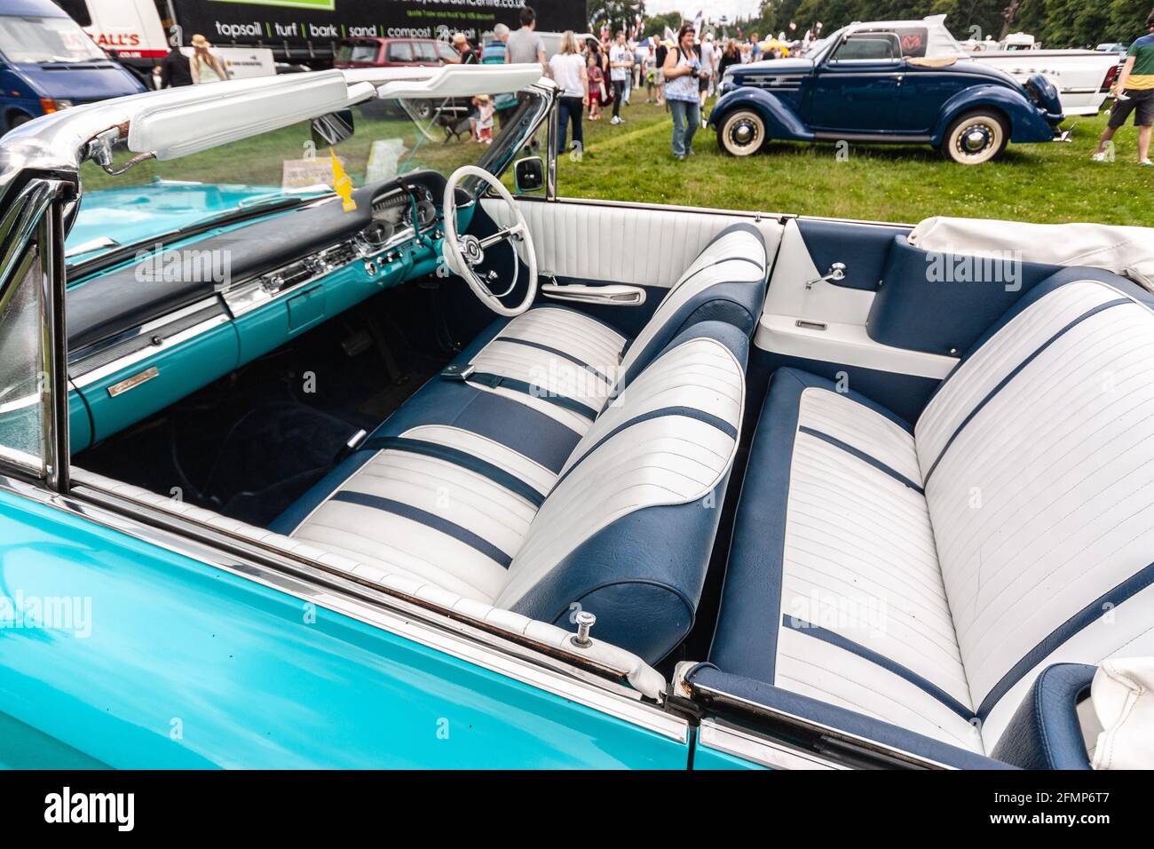 interior of vintage blue 1964 convertible Ford Galaxy 500 at Stars & Stripes American Classic car show Stock Photo