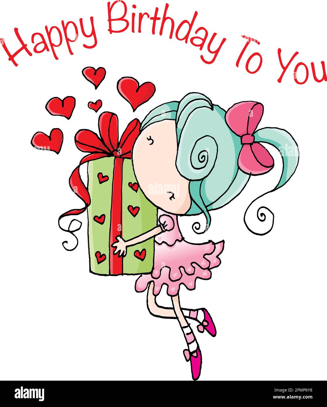 vector cartoon girl with big gift happy birthday to you Stock Photo - Alamy