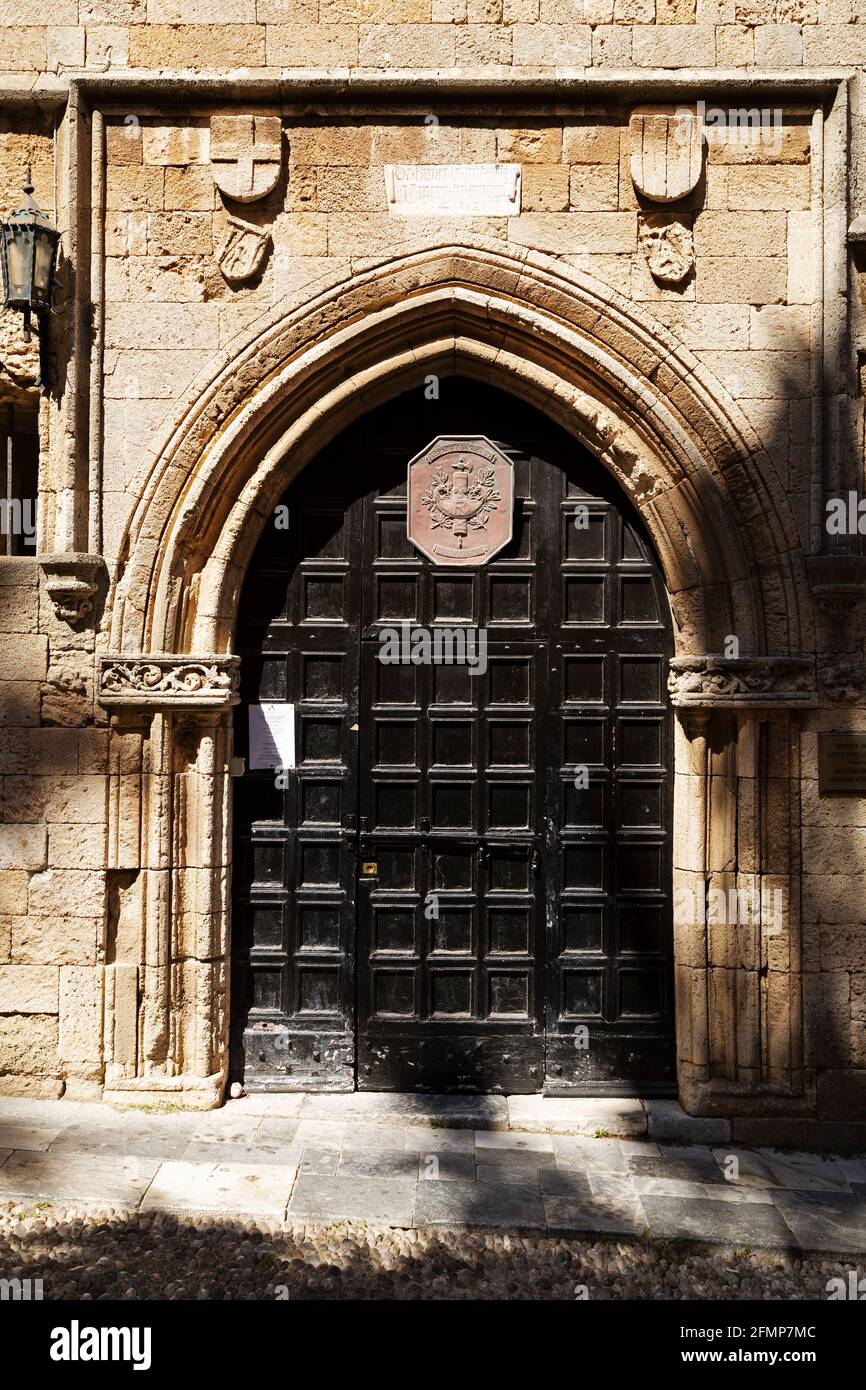 Exterior of the French Consulate in Rhodes Town, Greece. The consulate is in Rue des Chevaliers (Street of the Knights). Stock Photo